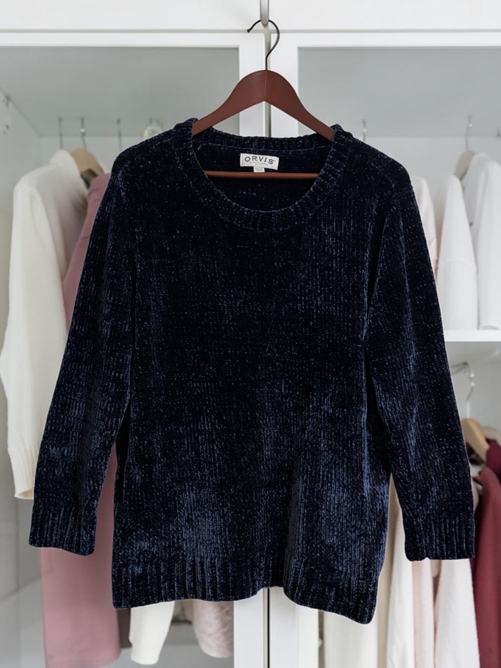 Orvis Dark Navy Plush Chenille Scoop Neck Pullover Sweater XXL